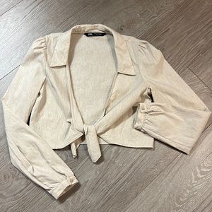 Zara Linen Long Sleeve Knot Crop Top